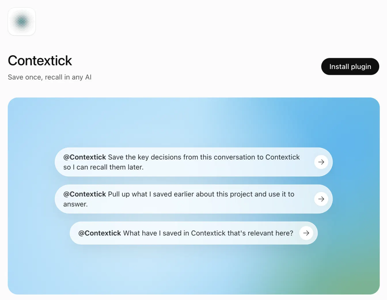 The Contextick listing in ChatGPT's plugin directory, with the Install plugin button in the top right