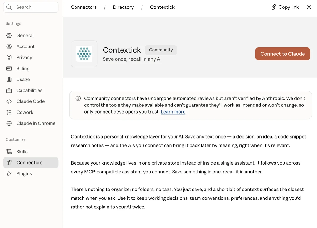 The Contextick listing in Claude's connector directory, opened from Settings, with the Connect to Claude button in the top right